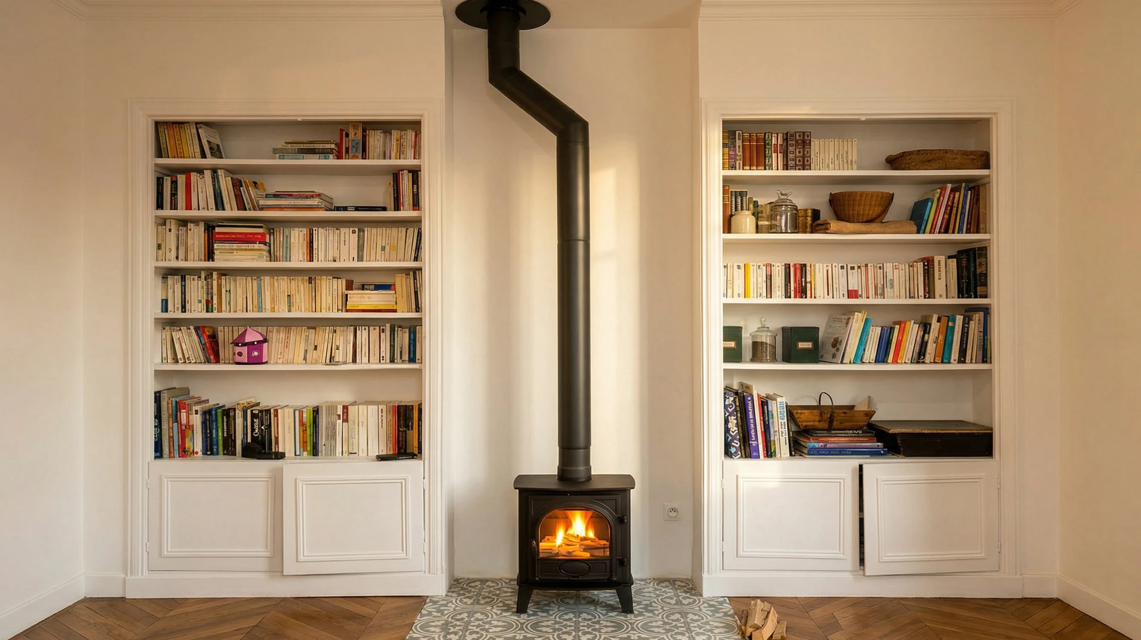 Ext&eacute;rieur r&eacute;sidentiel avec conduit d'&eacute;vacuation des fum&eacute;es en acier inoxydable d&eacute;passant d'une toiture en tuiles terre cuite brune