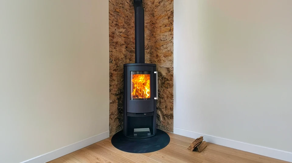 Int&eacute;rieur r&eacute;sidentiel avec po&ecirc;le &agrave; granul&eacute;s moderne en fonctionnement, flammes visibles dans le foyer