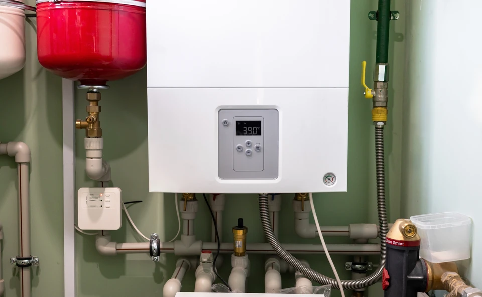 Plombier professionnel travaillant sur une installation de chauffage en intérieur, manipulant des outils sur un système complexe de tuyauterie cuivre et raccords