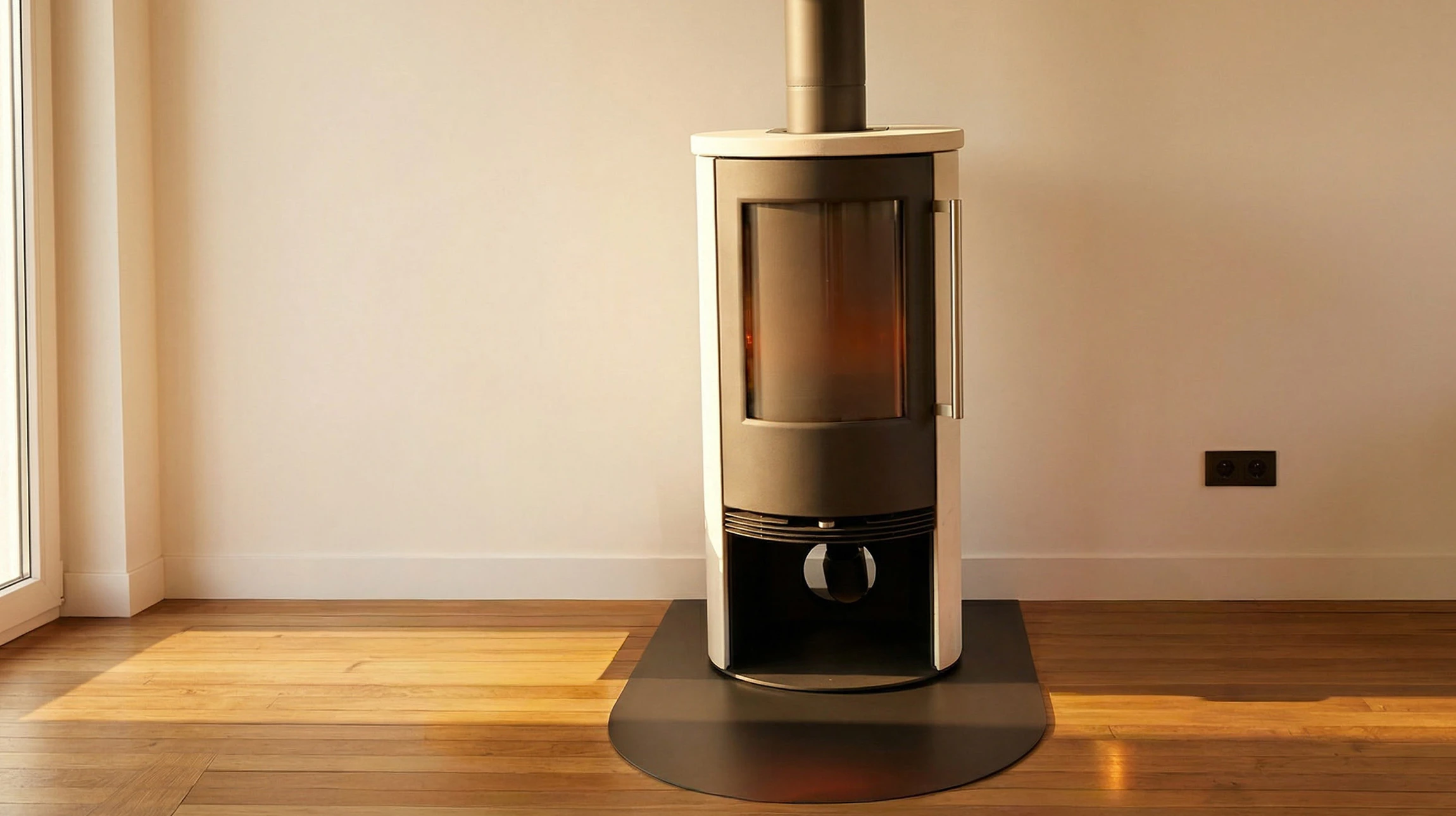 Intérieur résidentiel avec poêle à granulés moderne en fonctionnement, flammes visibles dans le foyer vitré