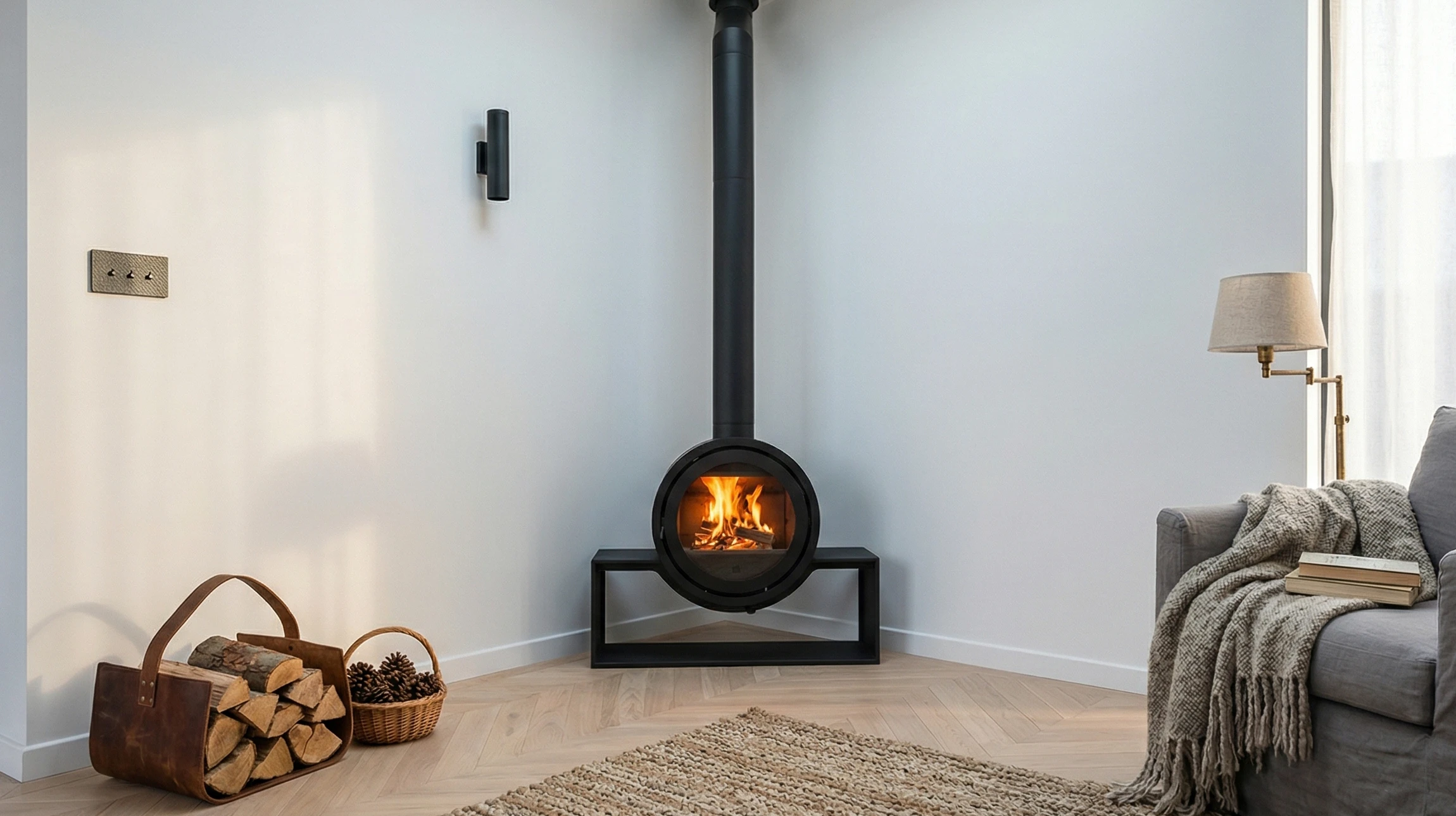 Intérieur résidentiel avec poêle à bois en fonte noire allumé, flammes orange visibles derrière vitre ornementale